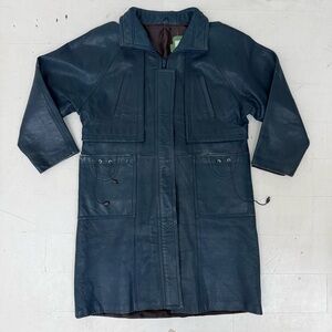 Vintage Elegant Dark Blue Leather Jacket for Women Long Super Rare 80s